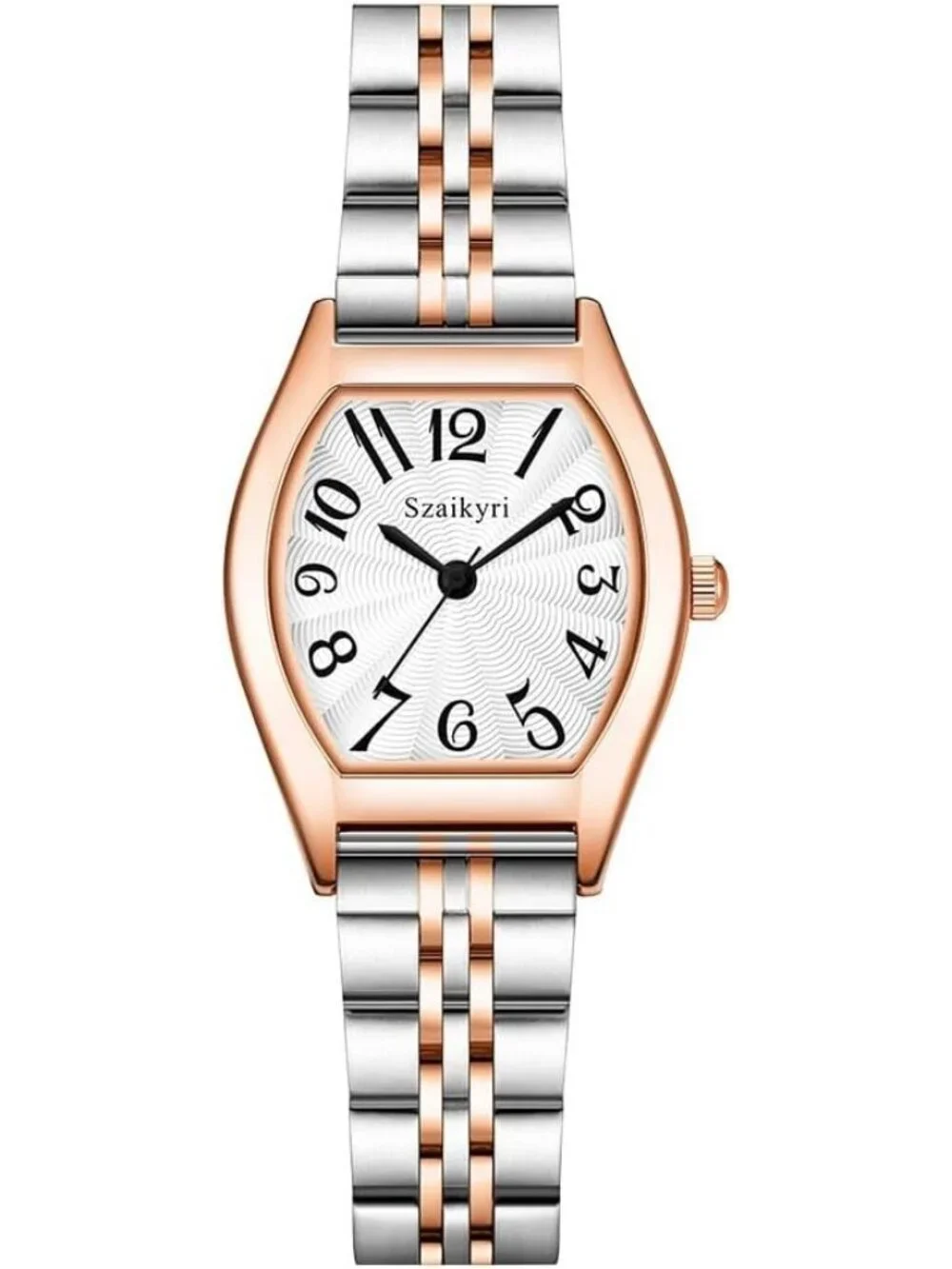 Women's Silver & Rose Gold-Black Barrel-Shaped Easy Read Arabic Numerals Watch